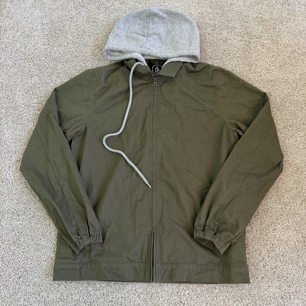 Volcom Jacket Mens Medium Green Canvas Hooded Zip Windbreaker Lightweight Casual